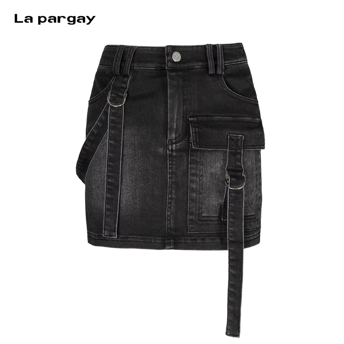 Lapargay Vintage Washed Black Denim Work Skirt with Metal Button Waistband and Multi-Pocket Design L78109206V - Lapargay