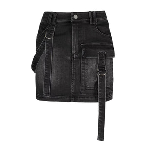 Lapargay Vintage Washed Black Denim Work Skirt with Metal Button Waistband and Multi-Pocket Design L78109206V - Lapargay