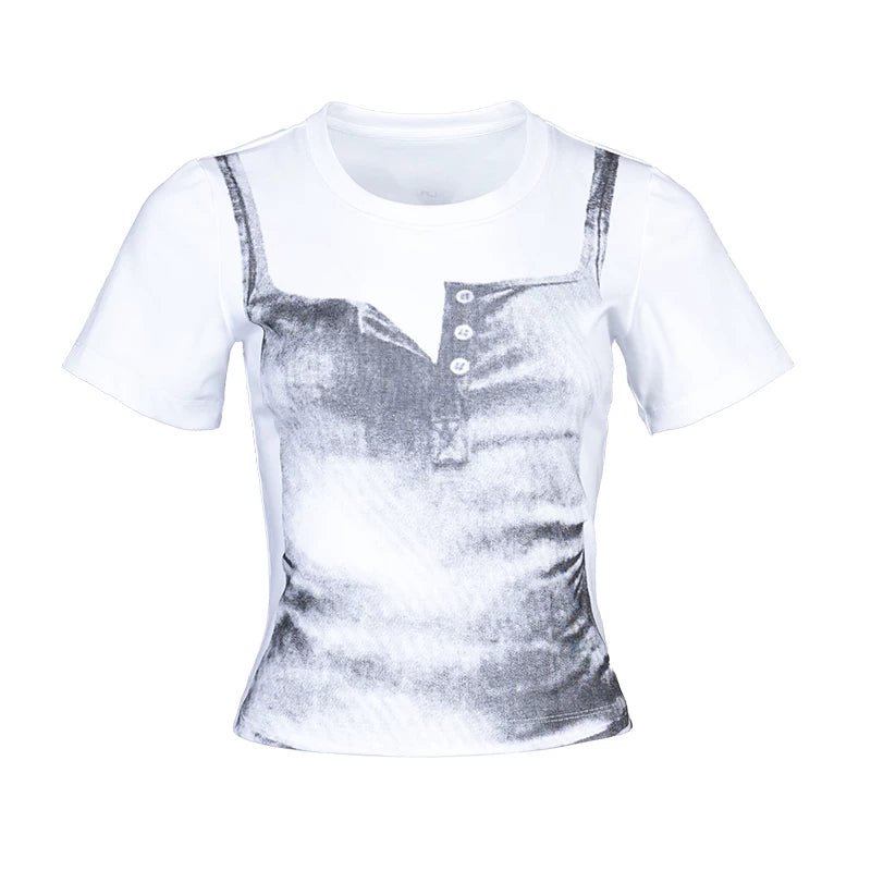 Lapargay Vintage Washed Print Faux Two-Piece Layered Look Short Fitted Waist-Slimming Top L78200205V - Lapargay