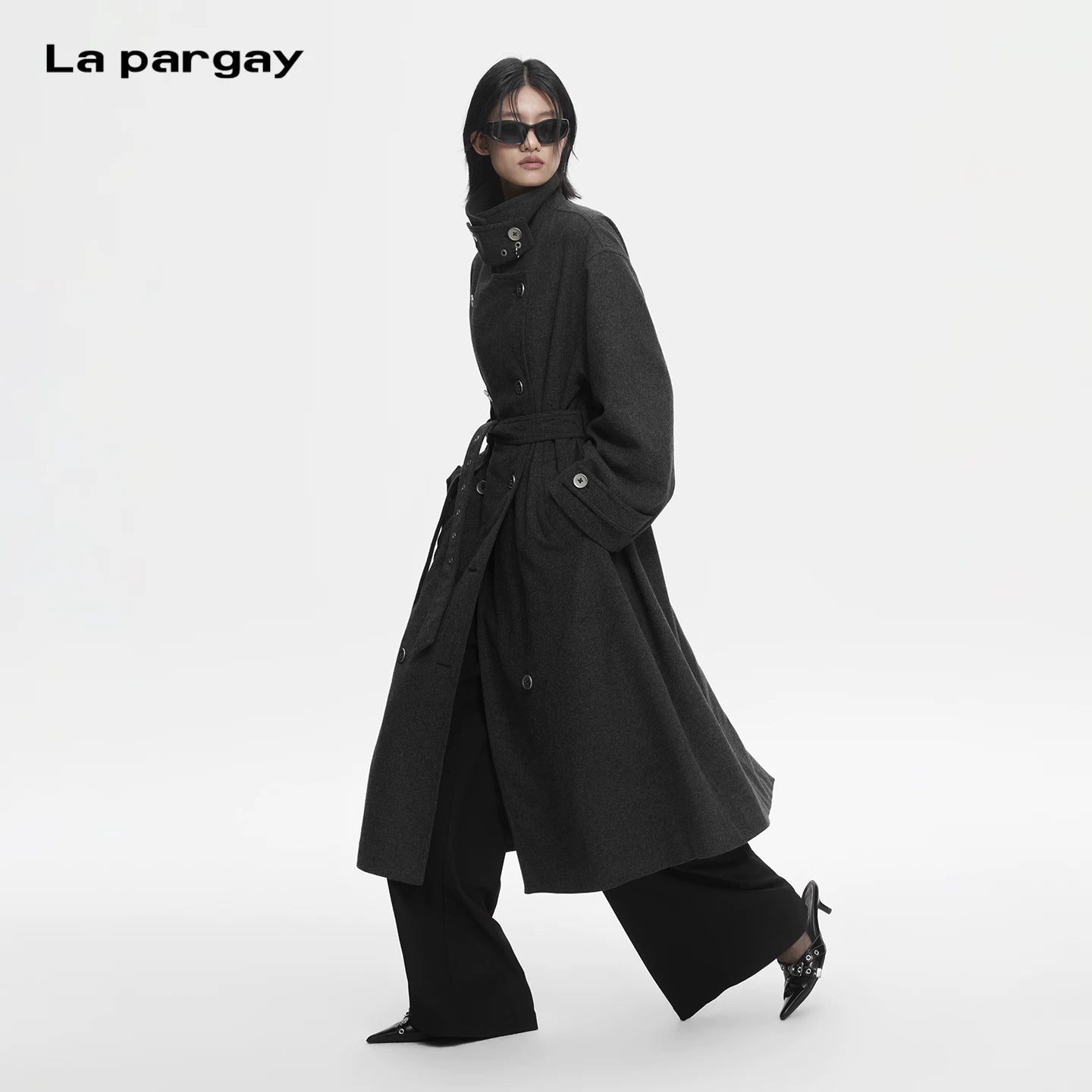 Lapargay Vintage Wool Coat, High Collar Double Breasted, Adjustable Belted Long Coat L78101602V - Lapargay