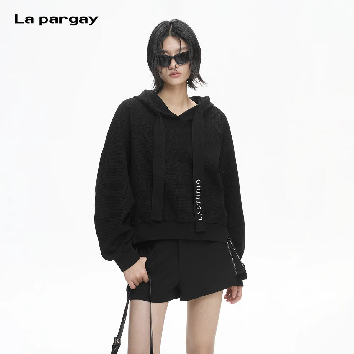 Lapargay Waffle Casual Hoodie Extended Drawstring Slightly Dropped Shoulder Modifies Shoulder Shape L78101984S - Lapargay
