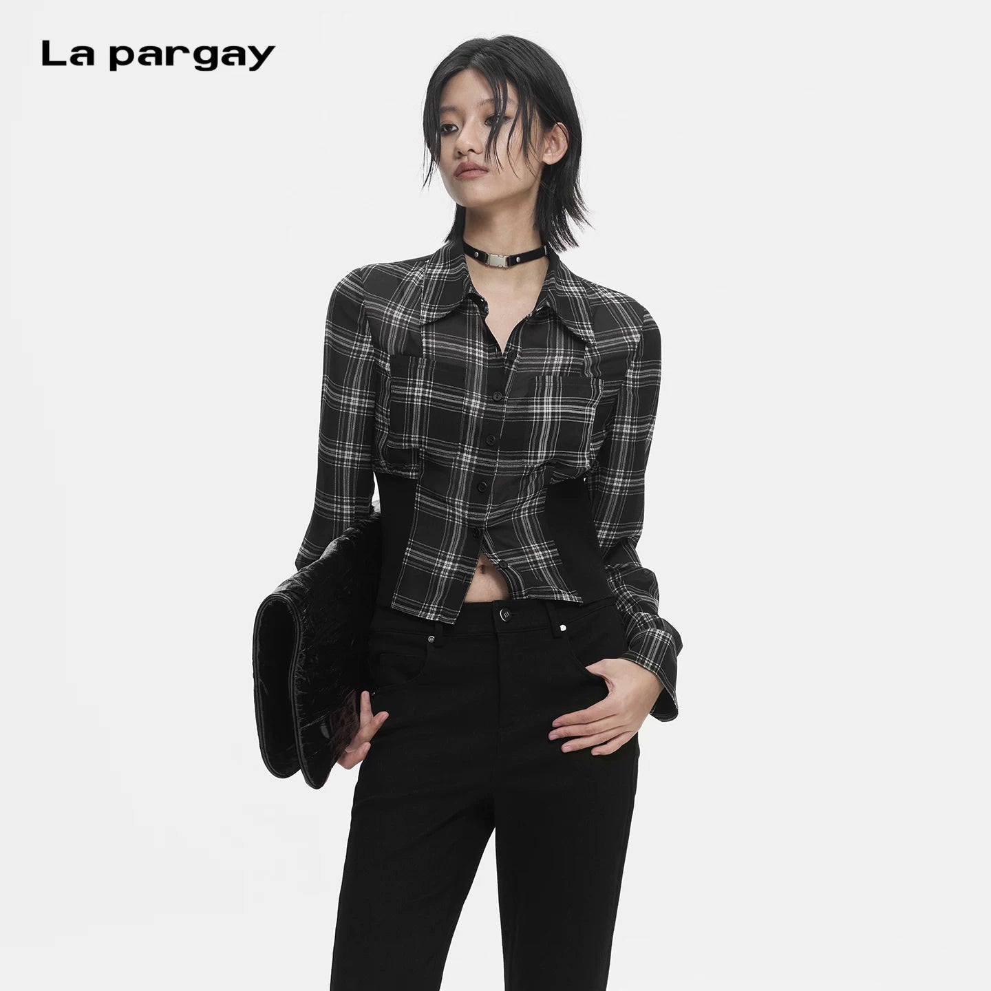 Lapargay Waist-Defined Plaid Cropped Shirt Contrast Color Patchwork Optimizes Body Proportion L78201002C - Lapargay