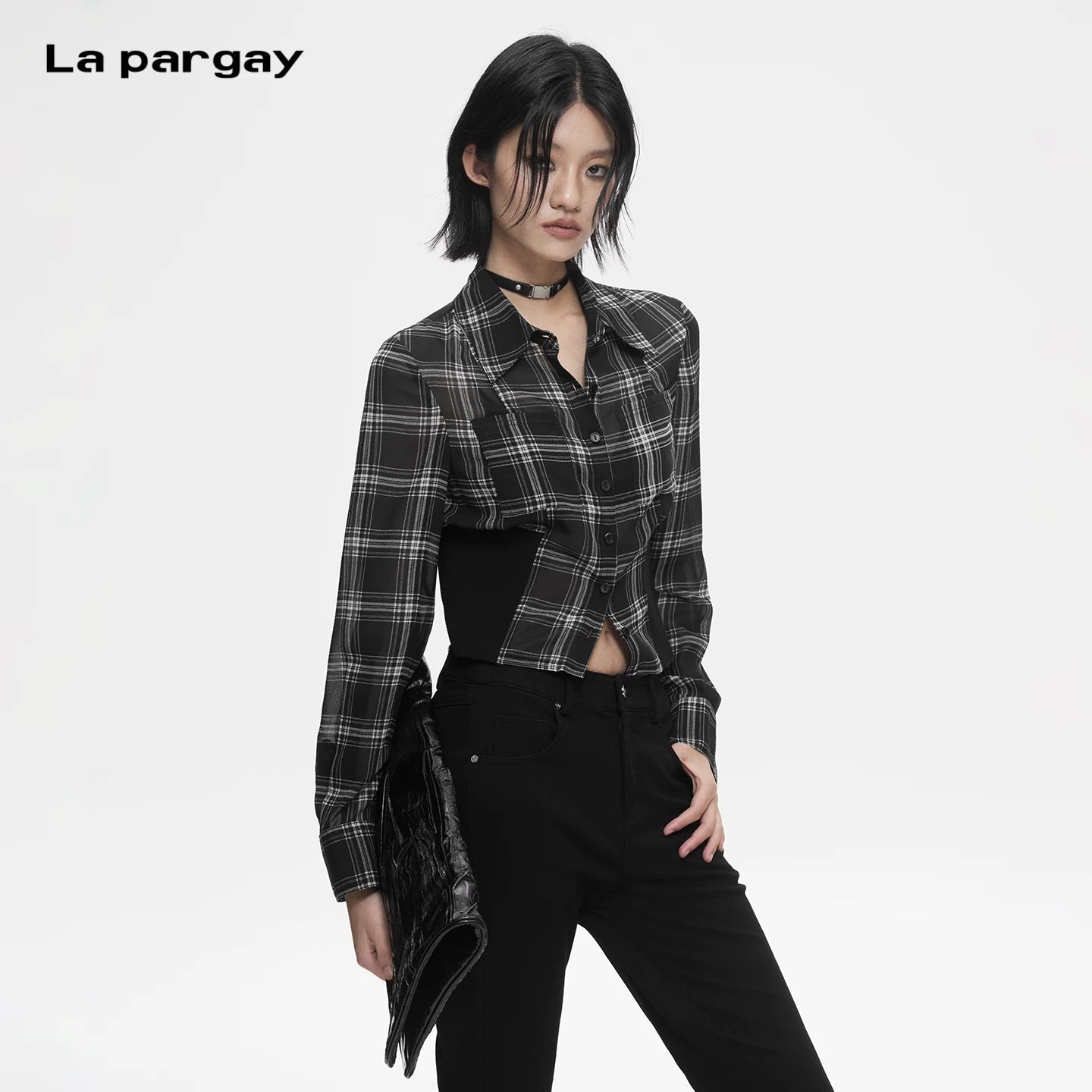 Lapargay Waist-Defined Plaid Cropped Shirt Contrast Color Patchwork Optimizes Body Proportion L78201002C - Lapargay