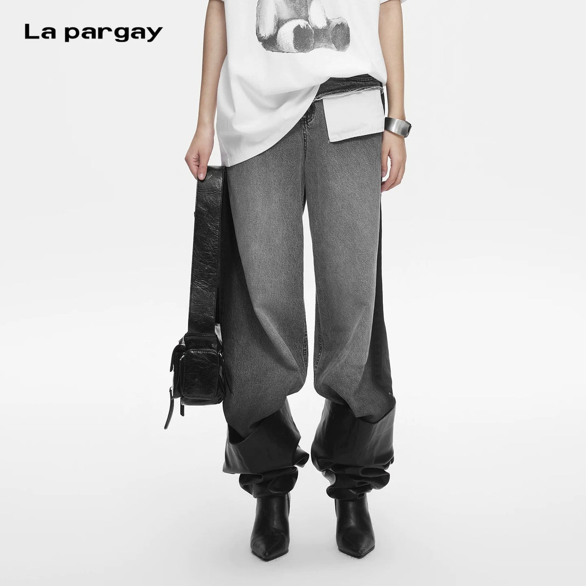 Lapargay washed distressed denim casual pants, unique stitching, contrast pockets L78102603V - Lapargay