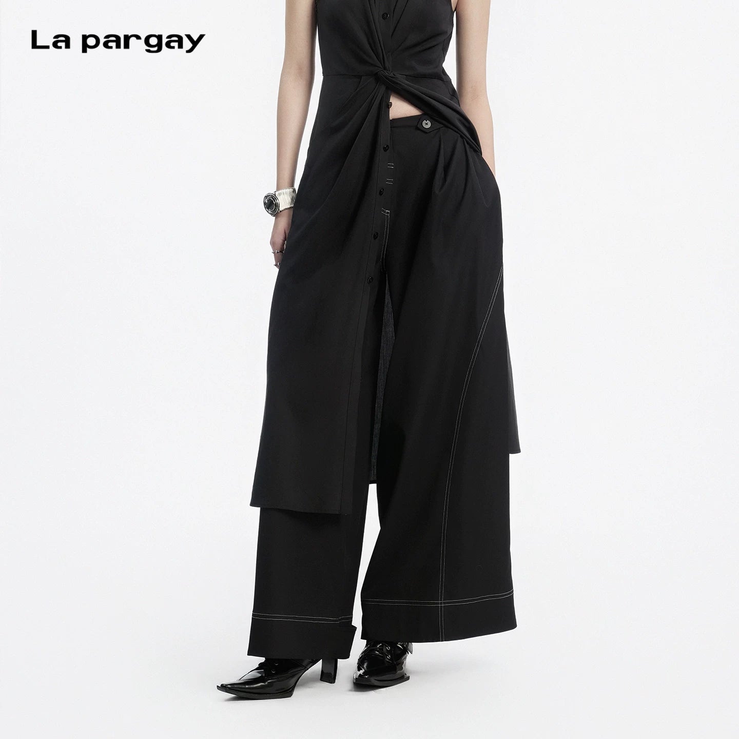 Lapargay wide-leg casual pants contrast stitching craft neat lines modify leg shape L78202606V - Lapargay
